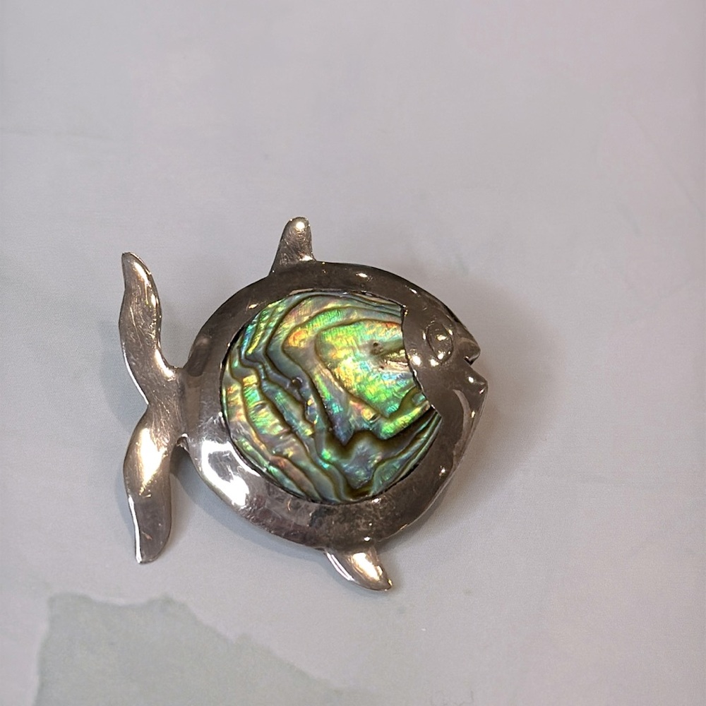 Vintage Taxco Mexico Sterling Silver Abalone Fish Pin Brooch